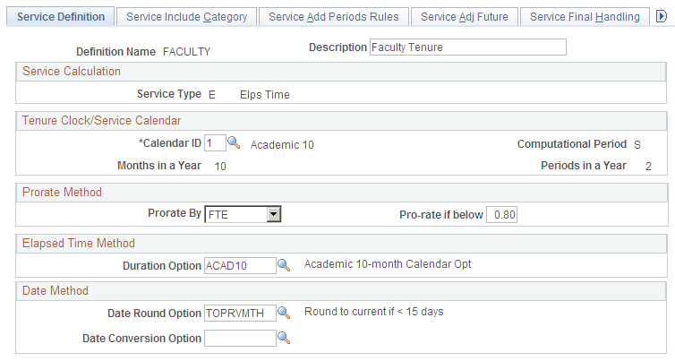 Service Definition page