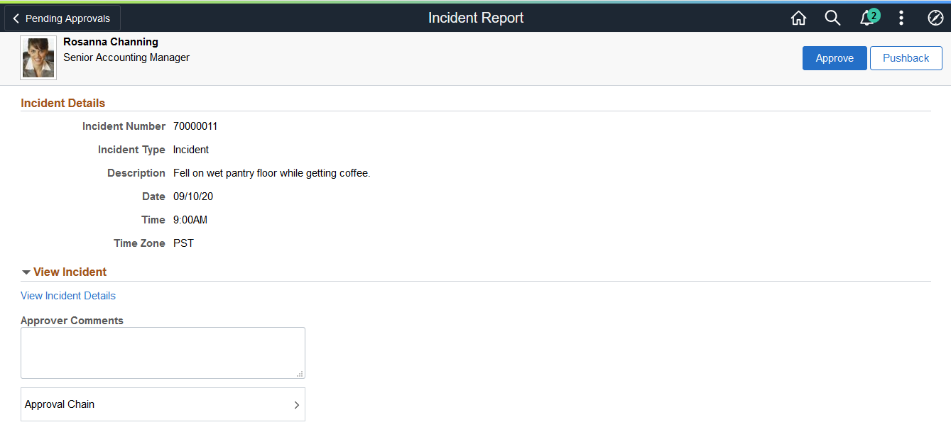 Pending Approvals - Incident Report page