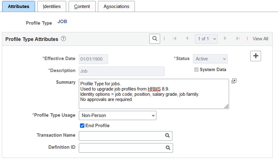 Profile Types - Attributes page