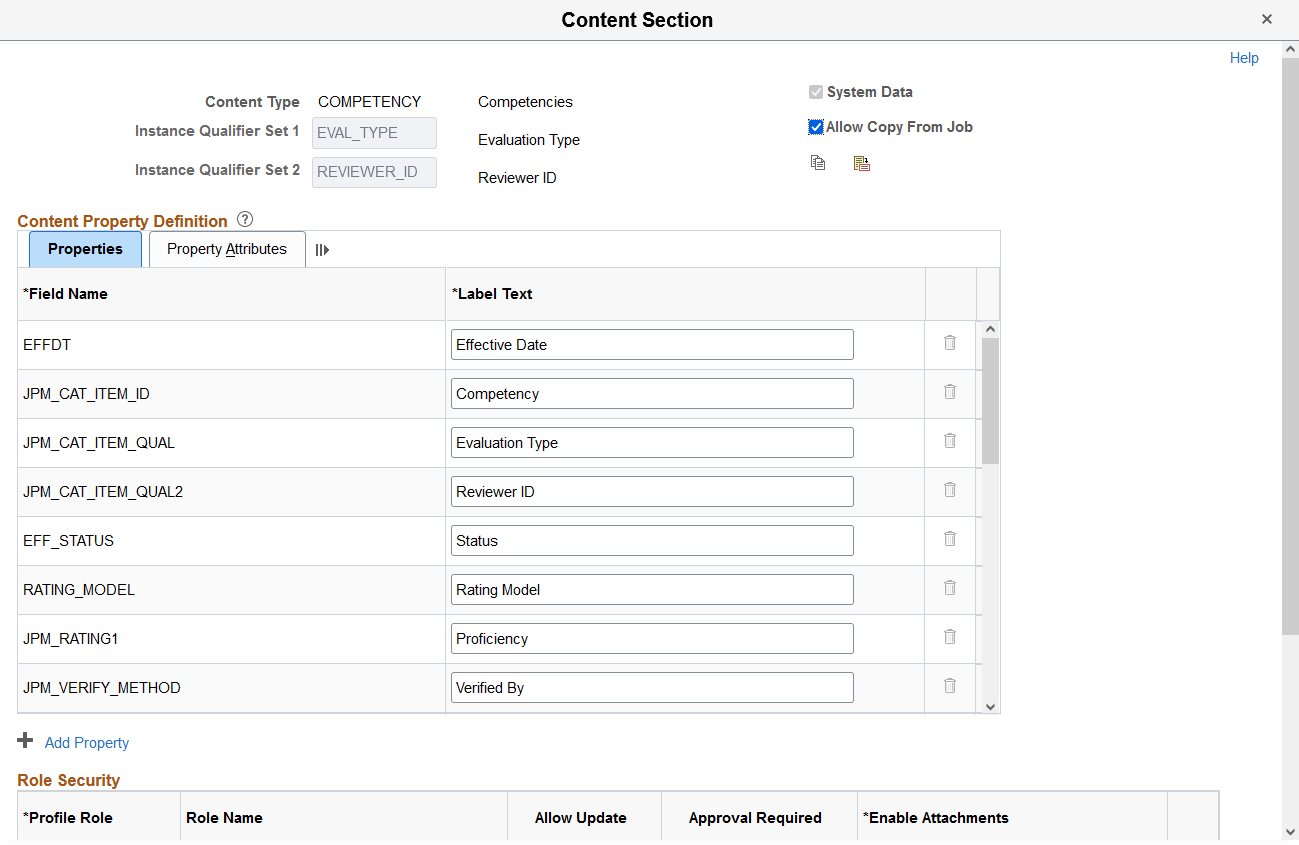 Content Section page: Properties tab