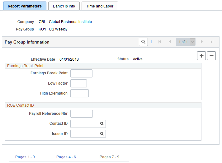 Pay Group Table - Report Parameters page