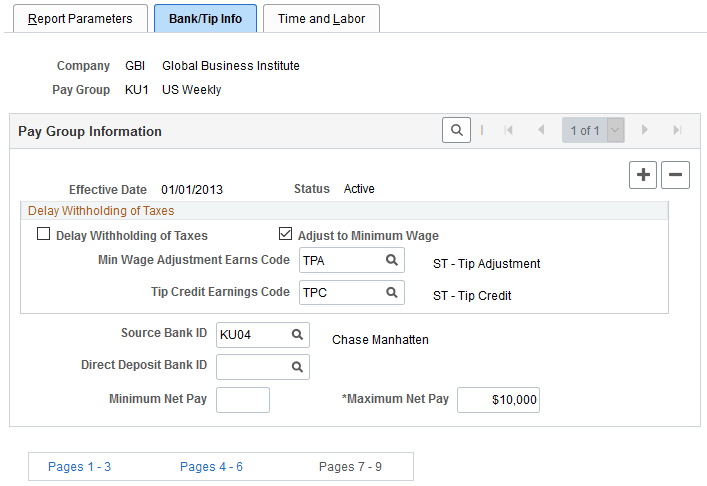 Pay Group Table - Bank/Tip Info page