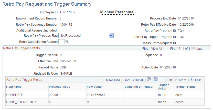 Retro Pay Request and Trigger Summary page