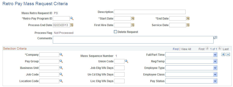 Retro Pay Mass Request Criteria page