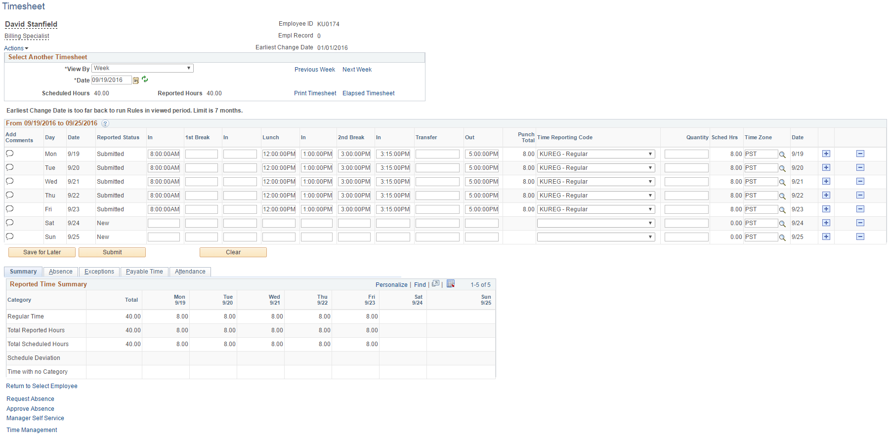 Timesheet page - Punch example