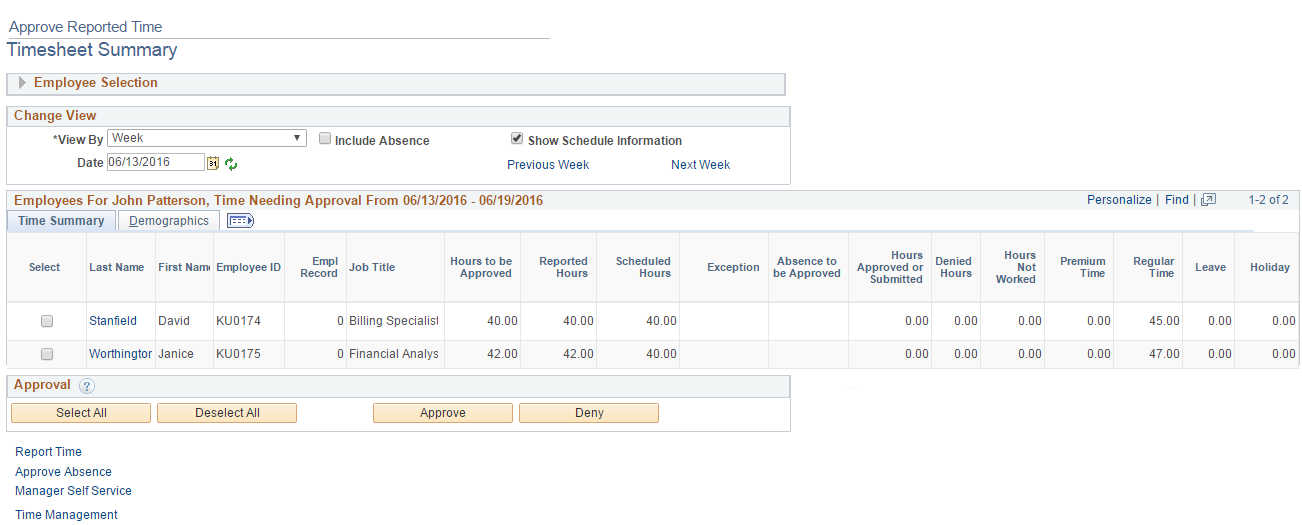 Reported Time - Timesheet Summary page