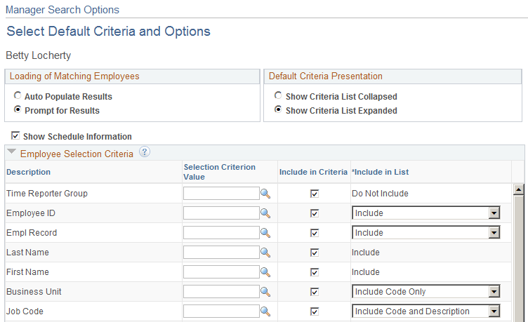 Manager Search Options page (1 of 2)