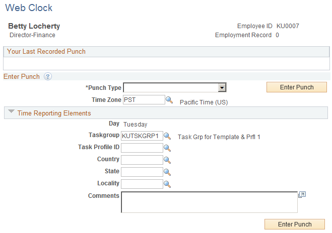 Web Clock - Enter Punch page