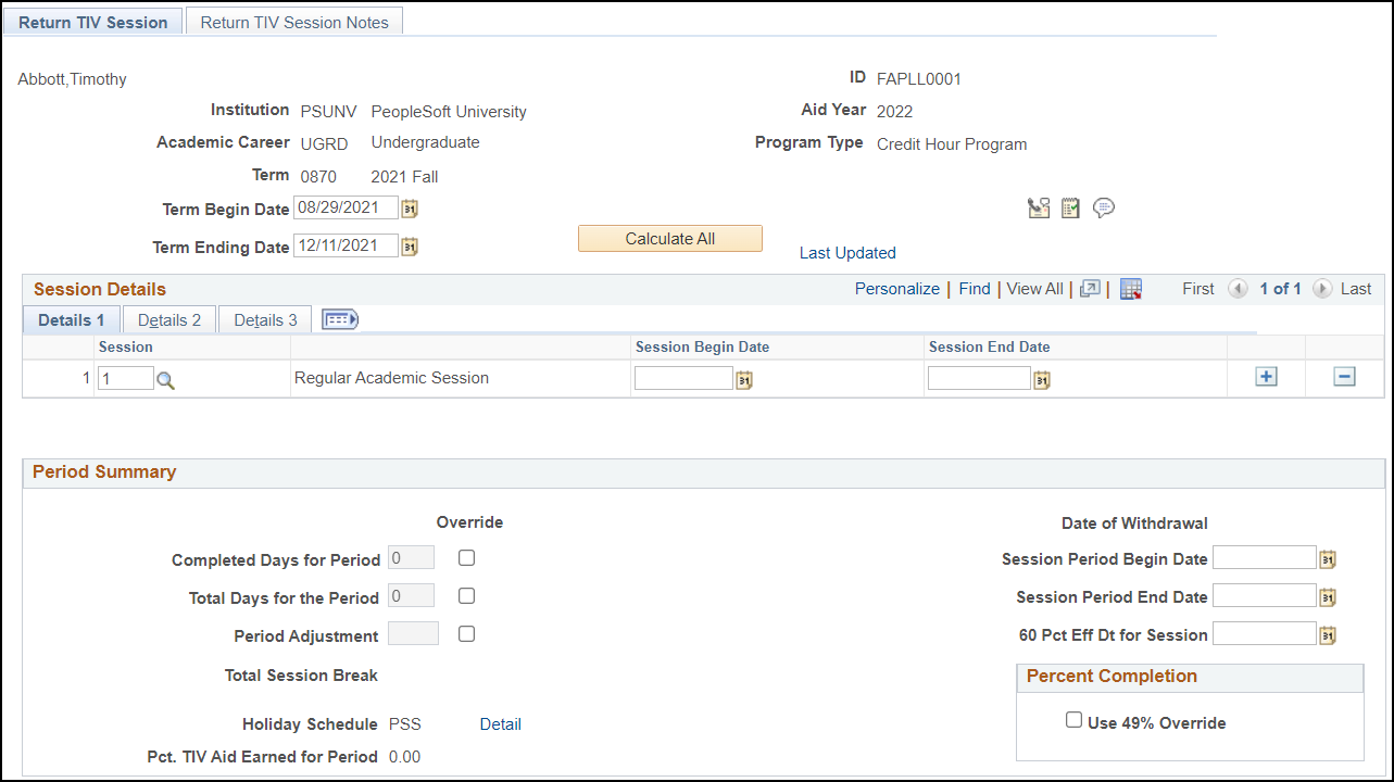 Return TIV (title four) Session page