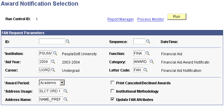 Award Notification Selection (process) page