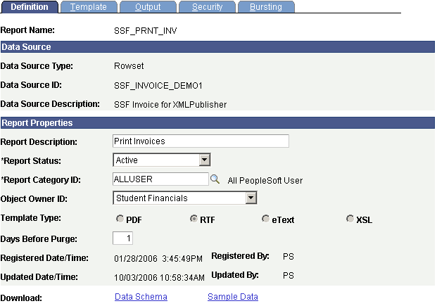 Report Definition page