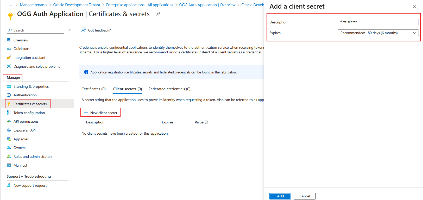 クライアント・シークレットを追加します。 クライアント・シークレットを追加します。