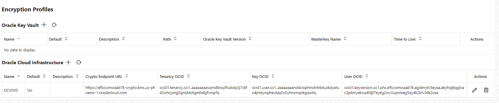 「暗号化プロファイル」ページにリストされているOCI KMS暗号化プロファイル。