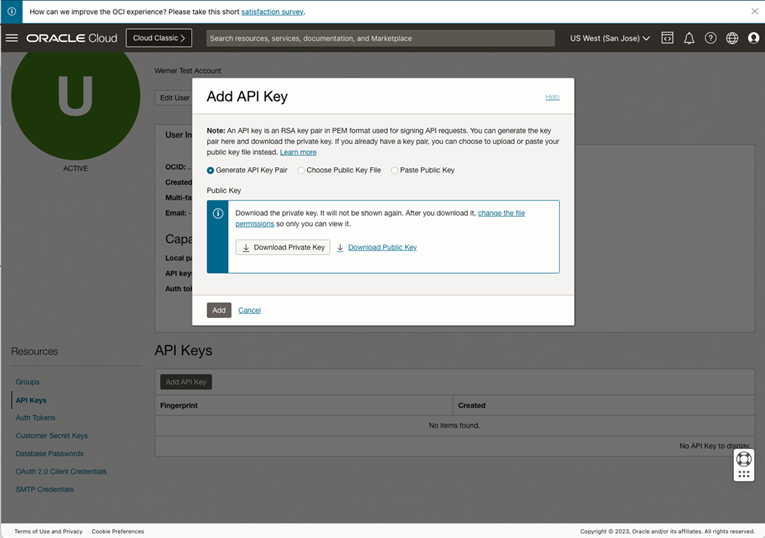 OCI KMSキーへのアクセスを許可するOCIユーザーのAPIキーを作成します。