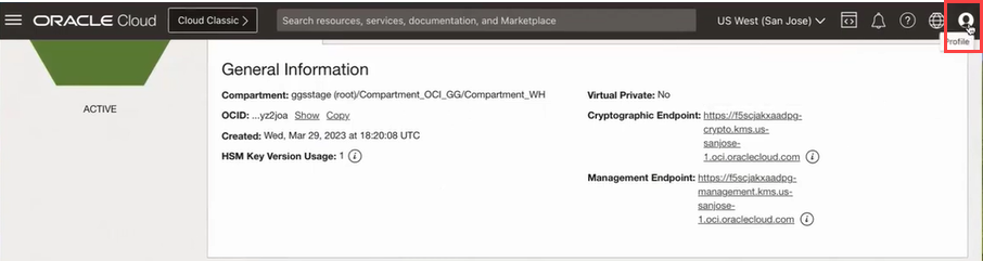 ユーザーがOCI KMSに接続するためのAPIキーを作成するためのボールト情報ページのユーザー設定アイコン。