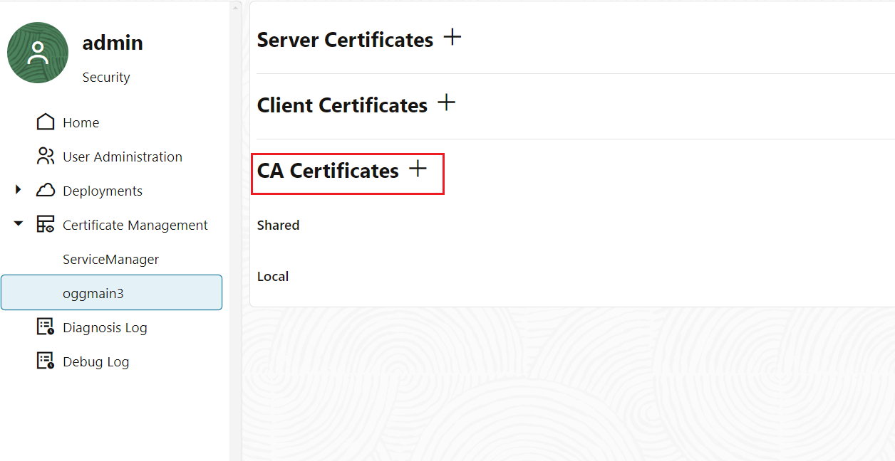 Oracle GoldenGate Service Managerの「証明書管理」ページ