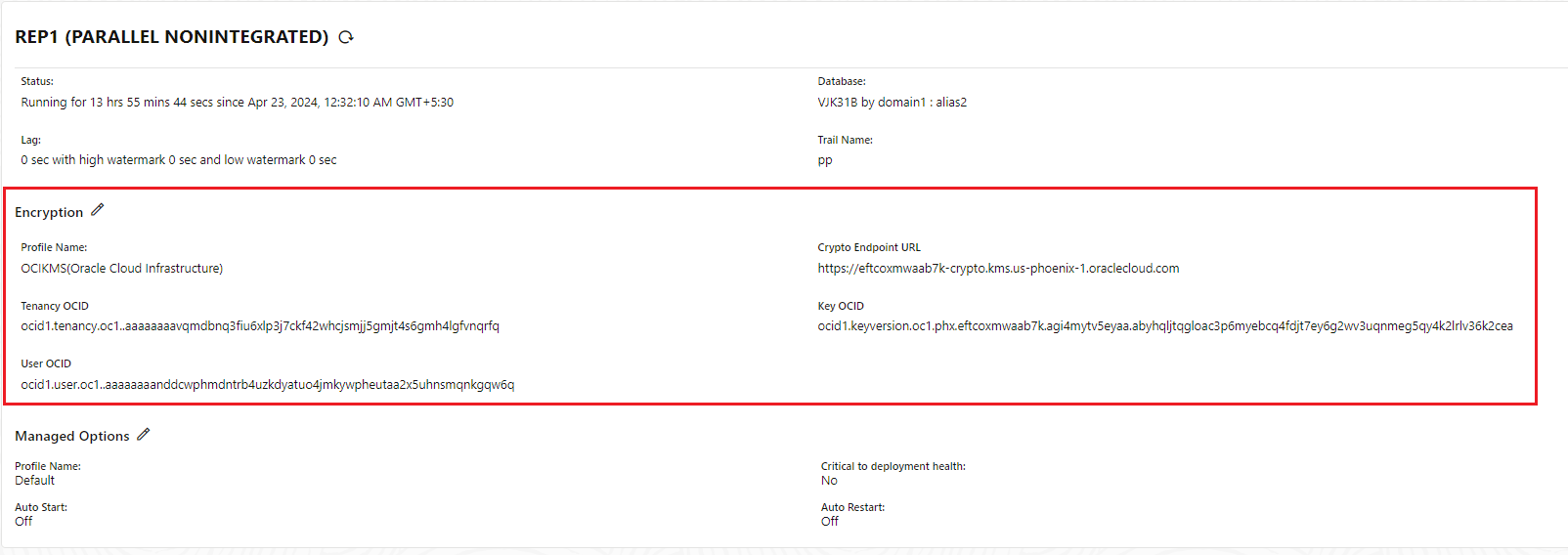 「Replicat」ページに表示されているOCI KMS暗号化プロファイル。