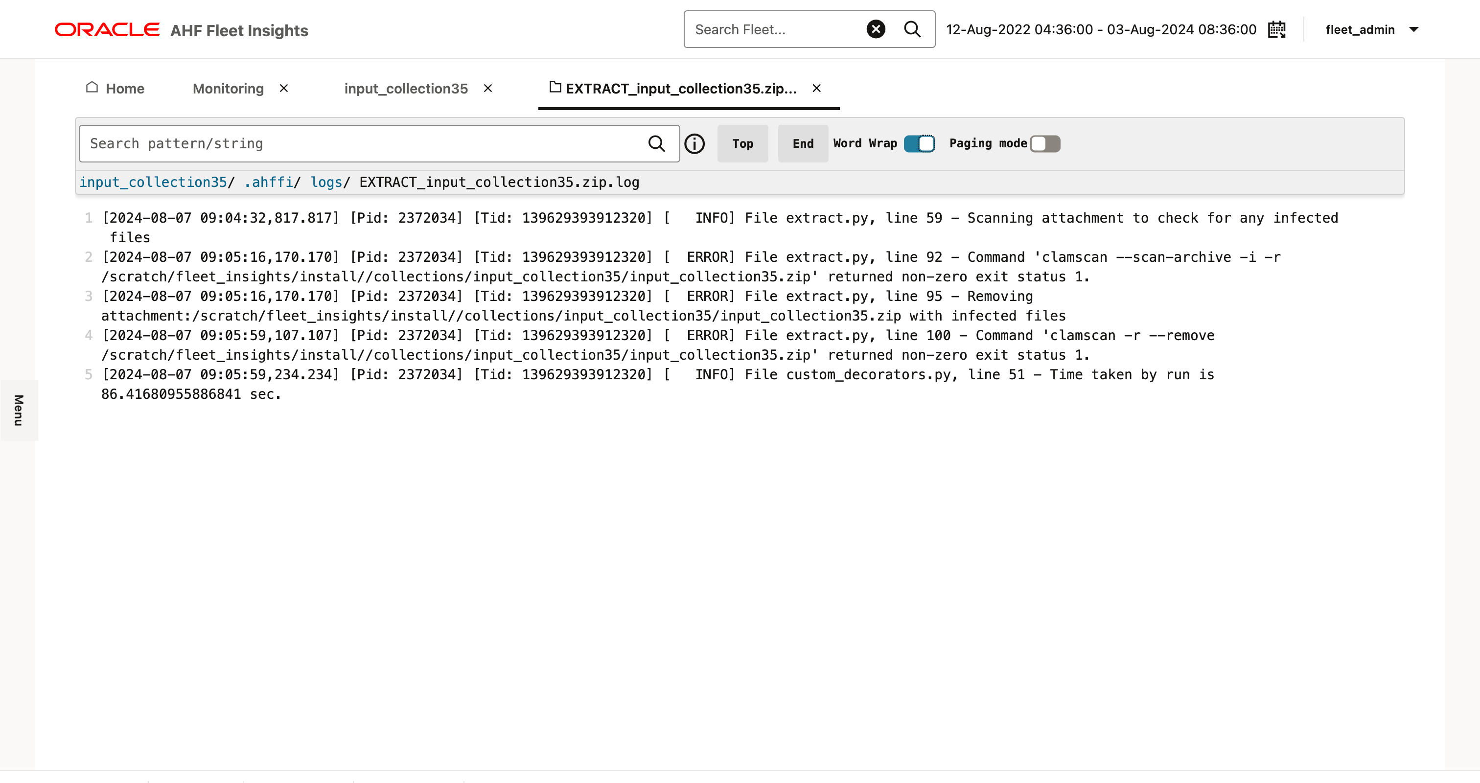 この図は、失敗した収集アップロードのログを示しています この図は、失敗した収集アップロードのログを示しています
