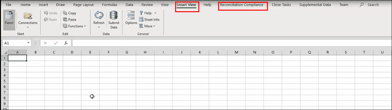 Excelの「Smart View」リボン・タブが円で囲まれています。「Smart View」リボンが選択され、そのオプションが表示されています。さらに、「Smart View」リボン・タブの右側にある、「照合コンプライアンス」リボン・タブも円で囲まれています。
