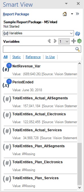 使用可能な変数のリストが示されている「レポート・パッケージ」パネル。