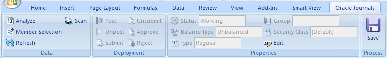 最初に仕訳を作成した後のOracle Journalsのリボン。