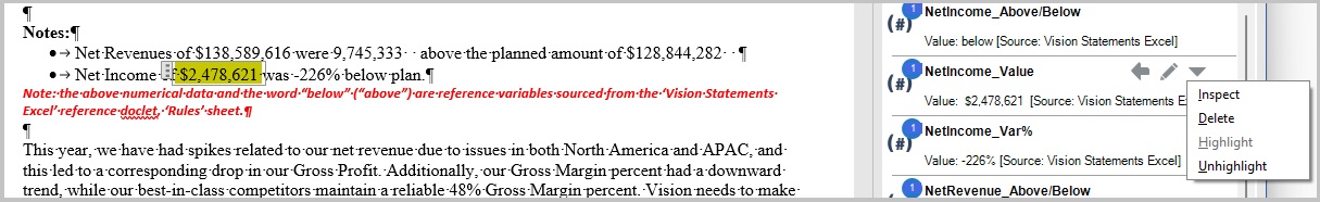 右側の「変数」パネルには、選択した変数と、「強調表示」アクションを選択した後の「オプション」ボタンのその変数に対して使用可能なメニュー・オプションが表示されます。左側では、ドックレットに挿入されている選択した変数の場所が黄色で強調表示されています。 右側の「変数」パネルには、選択した変数と、「強調表示」アクションを選択した後の「オプション」ボタンのその変数に対して使用可能なメニュー・オプションが表示されます。左側では、ドックレットに挿入されている選択した変数の場所が黄色で強調表示されています。
