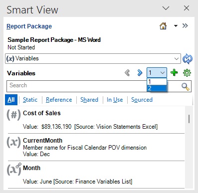 ページを移動するためのパネルの上部近くの左右の矢印や、特定のページに移動するためのページ・ドロップダウン・リストが表示された「変数」パネルの上部。50を超える変数が存在する場合、ナビゲーション矢印およびドロップダウン・リストがアクティブになります。