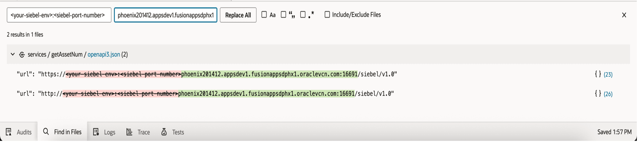 Replace Siebel env URL with appropriate value