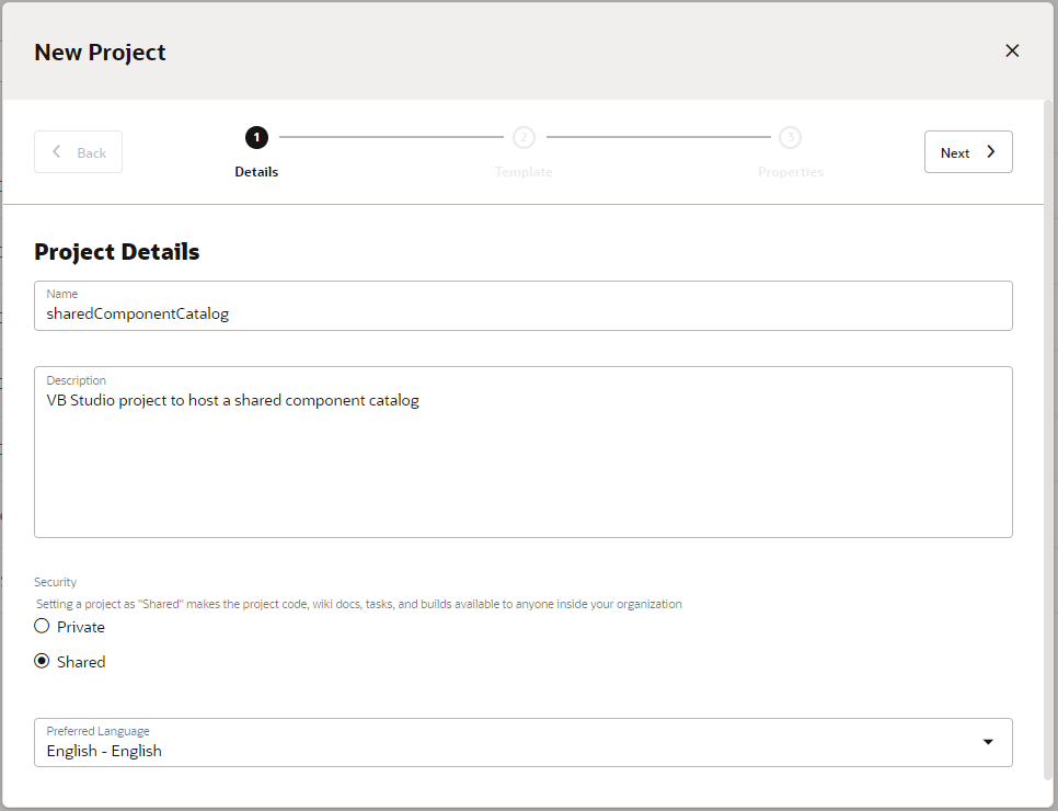 この画像は、Oracle Visual Builder Studioの「新規プロジェクト」ページです。