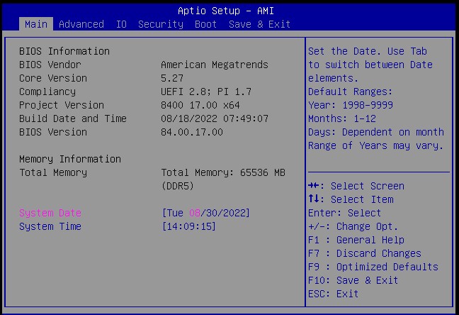 Oracle Database ApplianceサーバーBIOSのメイン・メニュー