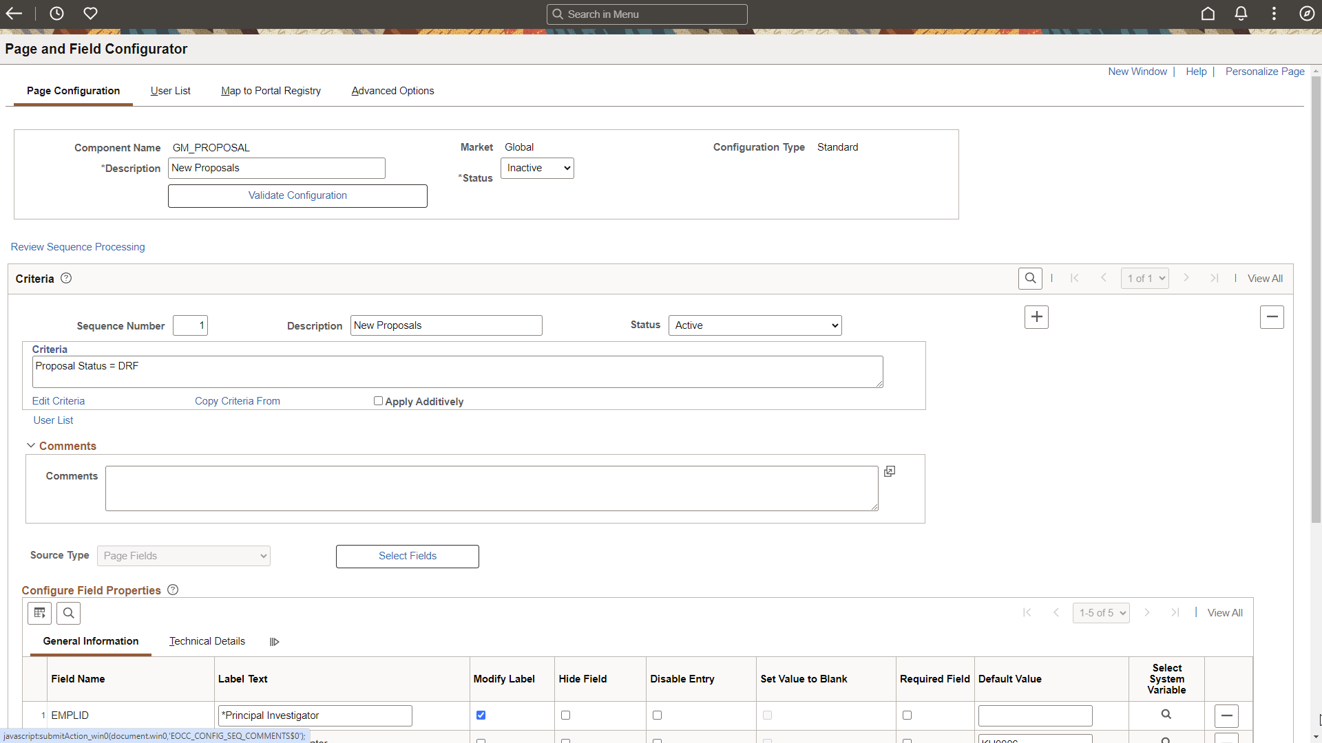 Page Configuration - Standard (1 of 2)