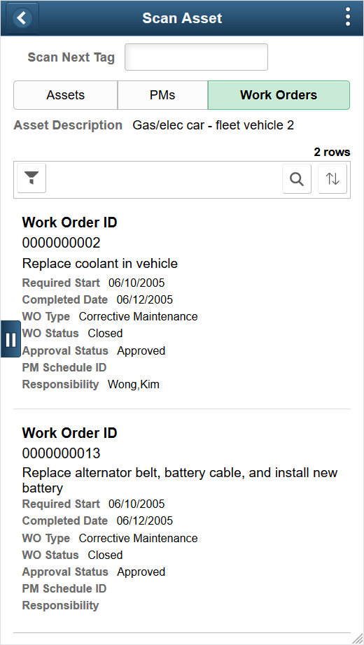 Scan Asset page - Work Orders