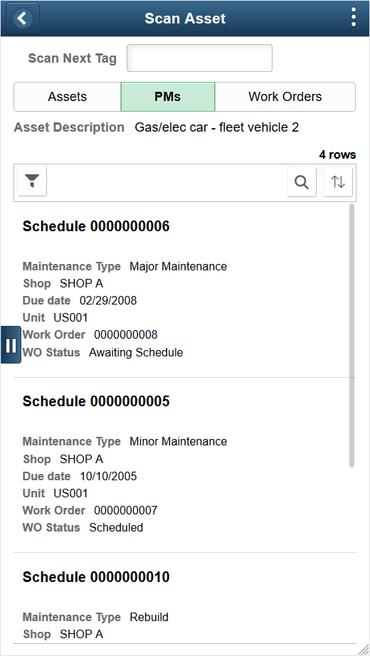 Scan Asset page - Preventative Maintenance