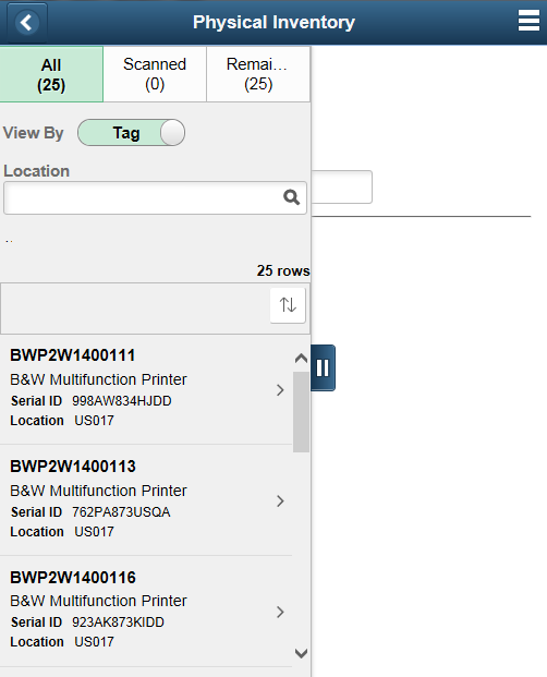 Physical Inventory page - search results