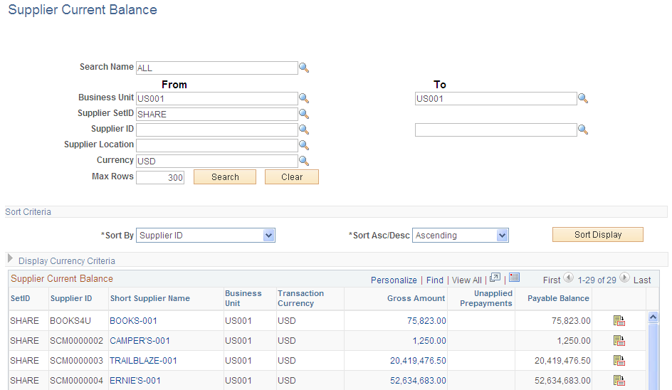 Supplier Current Balances page