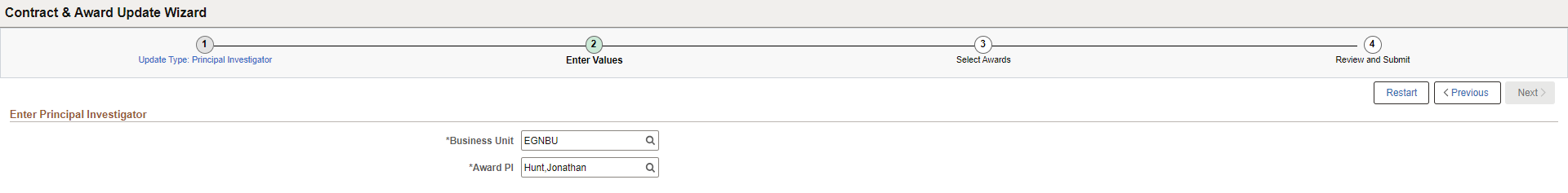 &Contract & Award Update Wizard - Enter Values page