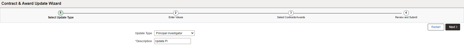&Contract & Award Update Wizard - Select Update Type page
