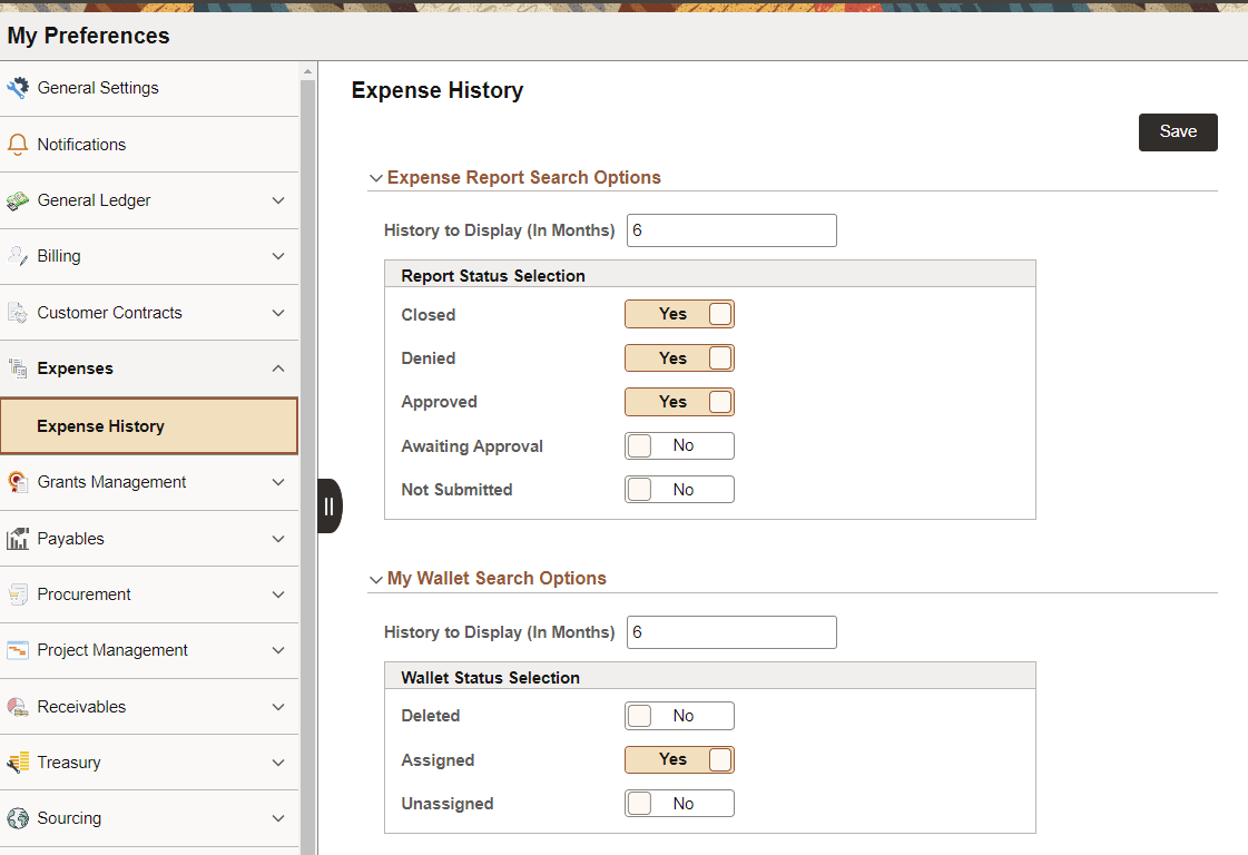 My Preferences - Expenses