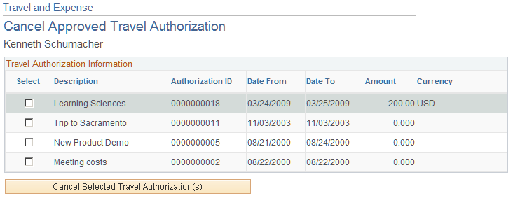 Cancel Approved Travel Authorization page