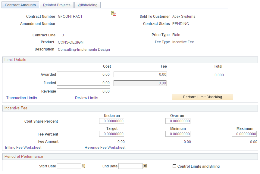 Contract Amounts page (incentive fee type)