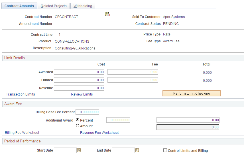 Contract Amounts page (award fee type)