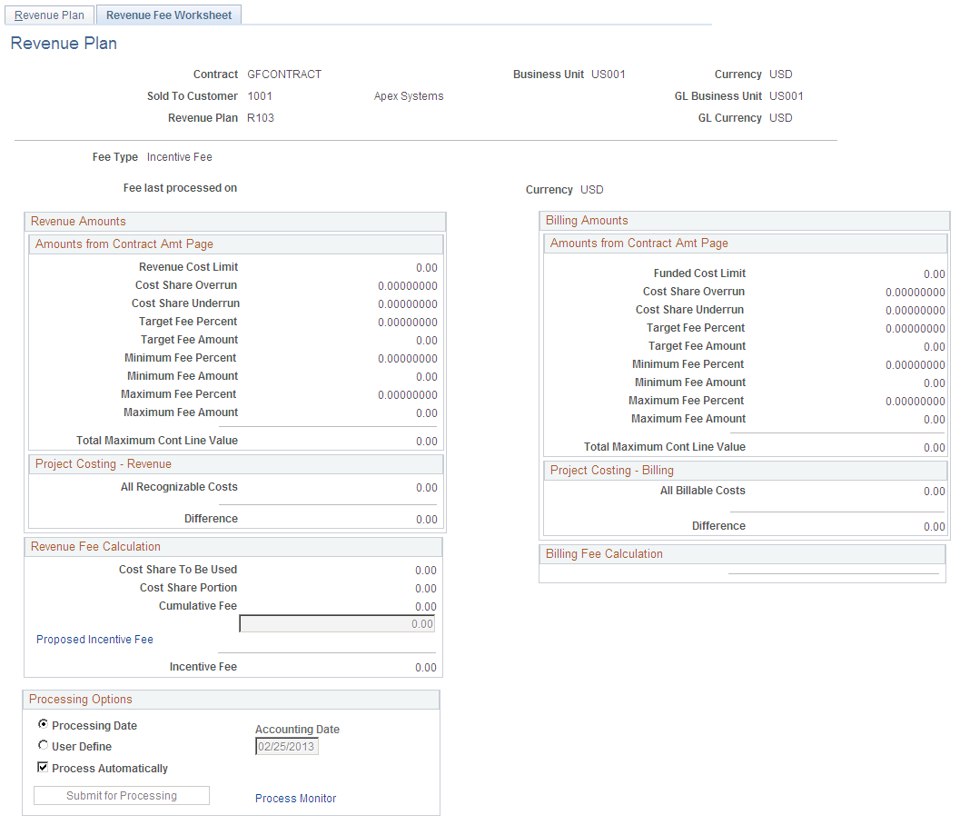 Revenue Fee Worksheet page (incentive fee type)