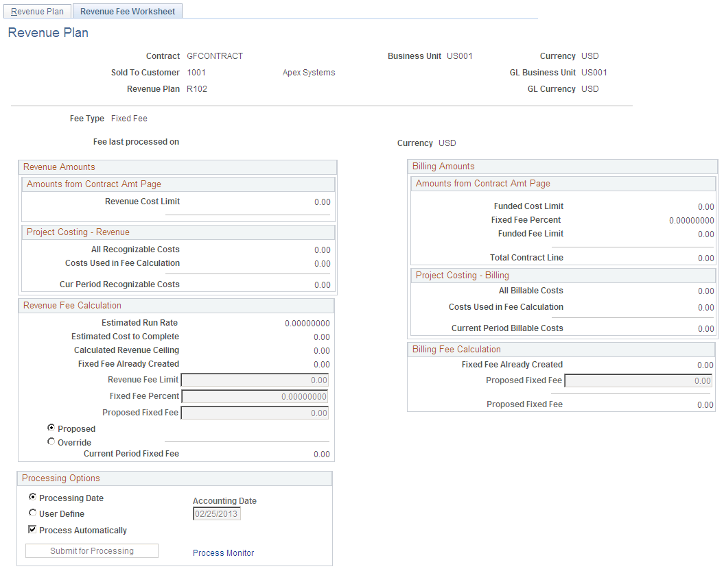 Revenue Fee Worksheet page (fixed fee type)