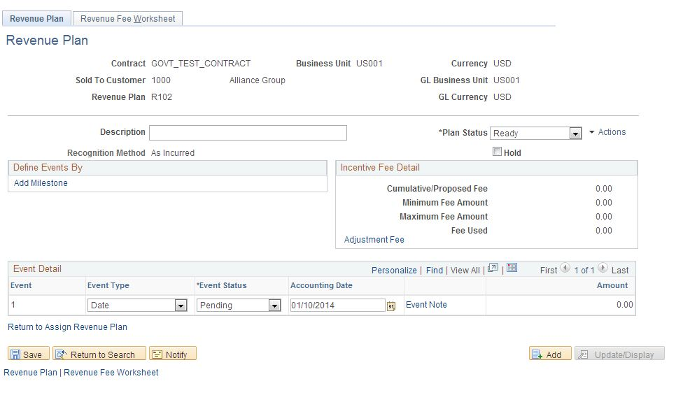 Revenue Plan page (incentive fee schedule)
