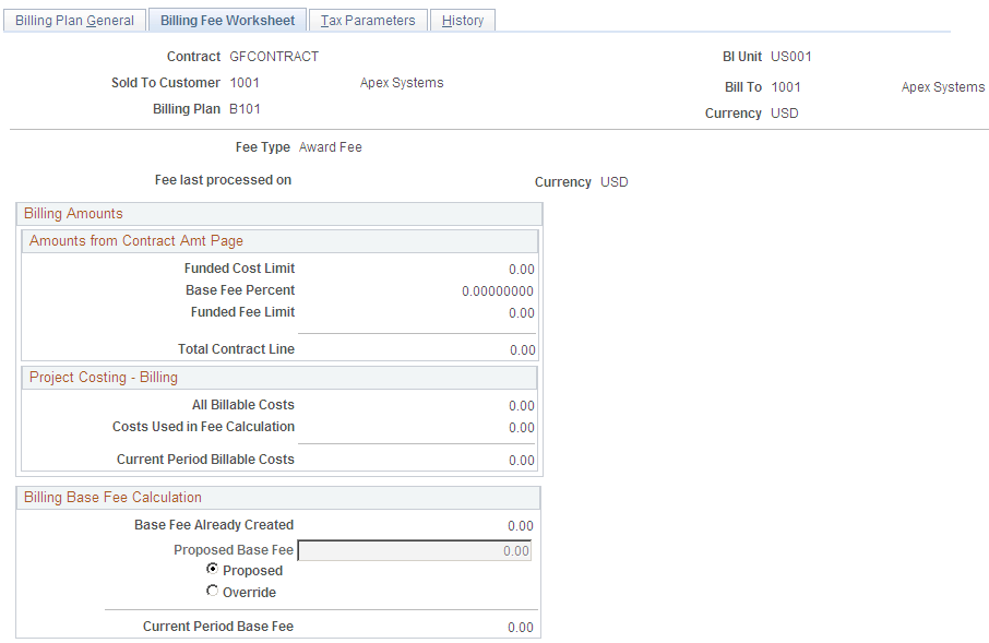 Billing Plan - Billing Fee Worksheet page (1 of 2) (award fee type)