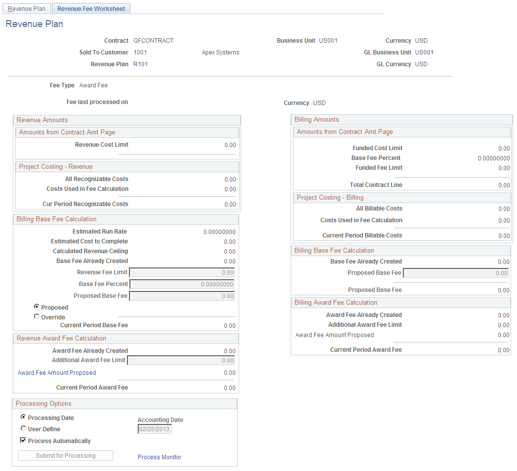 Revenue Fee Worksheet page (award fee type)