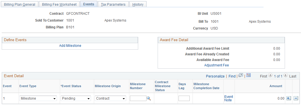 Billing Plan - Events page (award fee schedule)