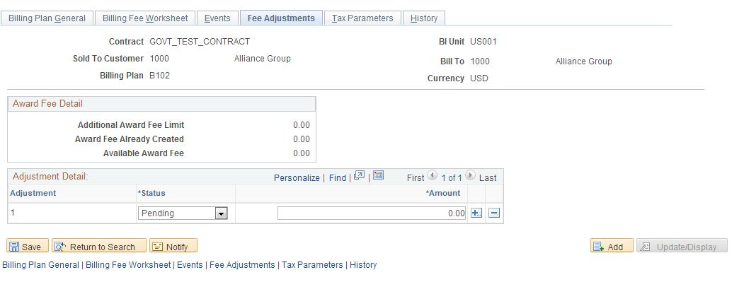Billing Plan - Fee Adjustments page (award fee type)