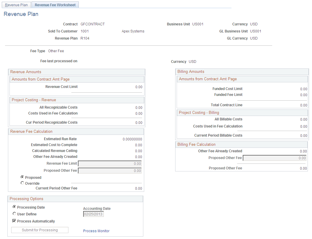 Revenue Fee Worksheet page (other fee type)