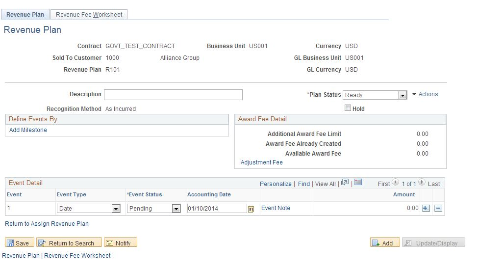 Revenue Plan page (award fee schedule)